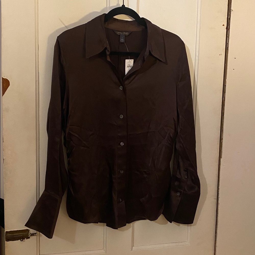 Banana Republic 100% Silk Brown Long Sleeve Button Up Blouse Top NEW L